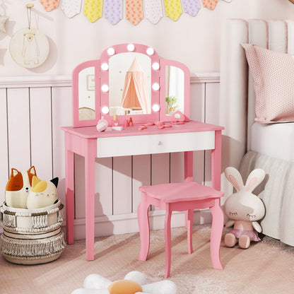 Kids Vanity Table with Mirror and Lights Princess Makeup Vanity Desk-Pink