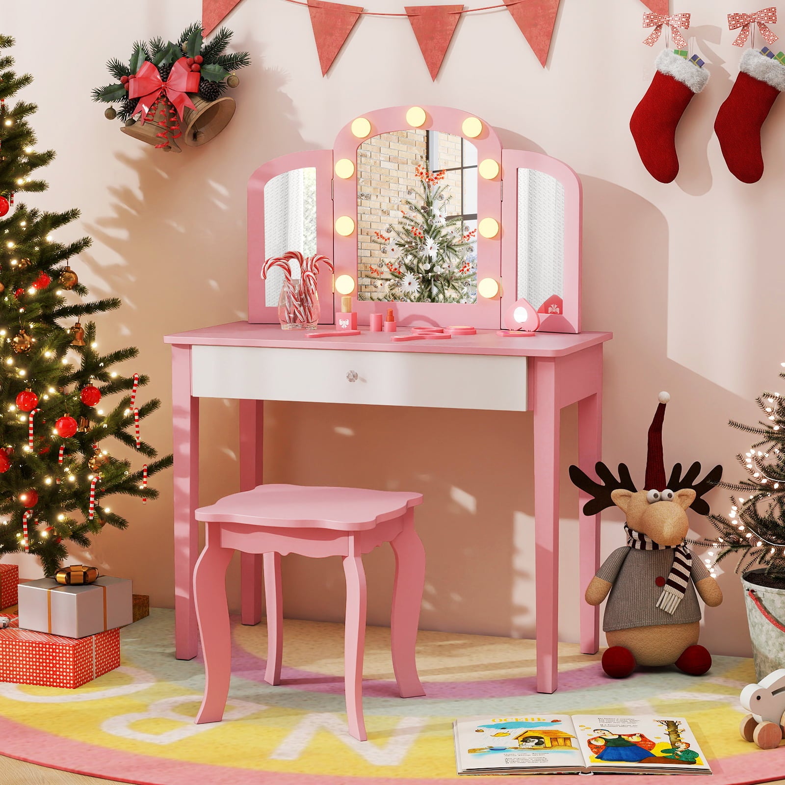 Kids Vanity Table with Mirror and Lights Princess Makeup Vanity Desk-Pink