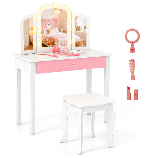 Kids Vanity Table with Mirror and Lights Princess Makeup Vanity Desk-White