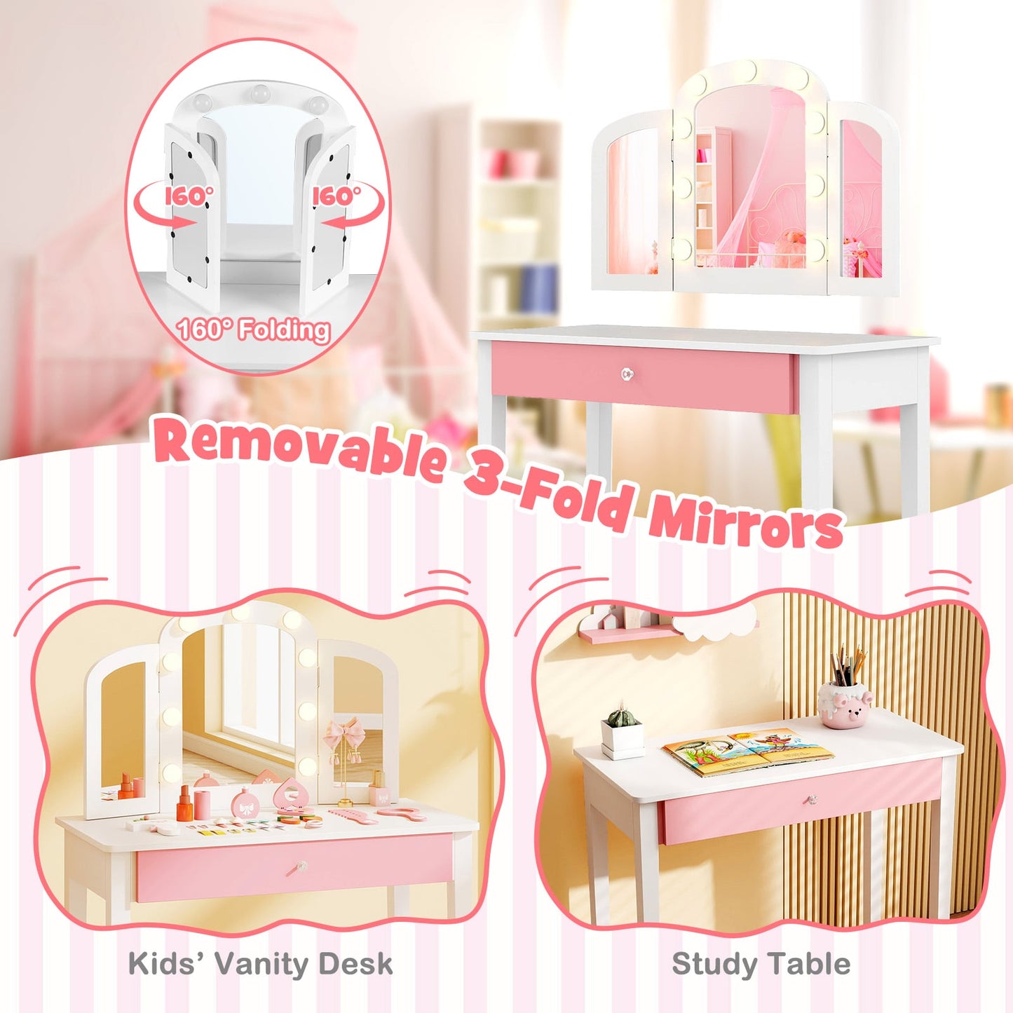 Kids Vanity Table with Mirror and Lights Princess Makeup Vanity Desk-White