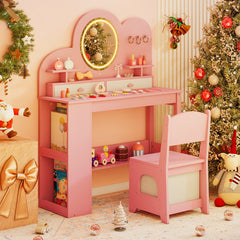 Kids Vanity with Lights Princess Vanity Table and Chair Set with 2 Drawers-Pink