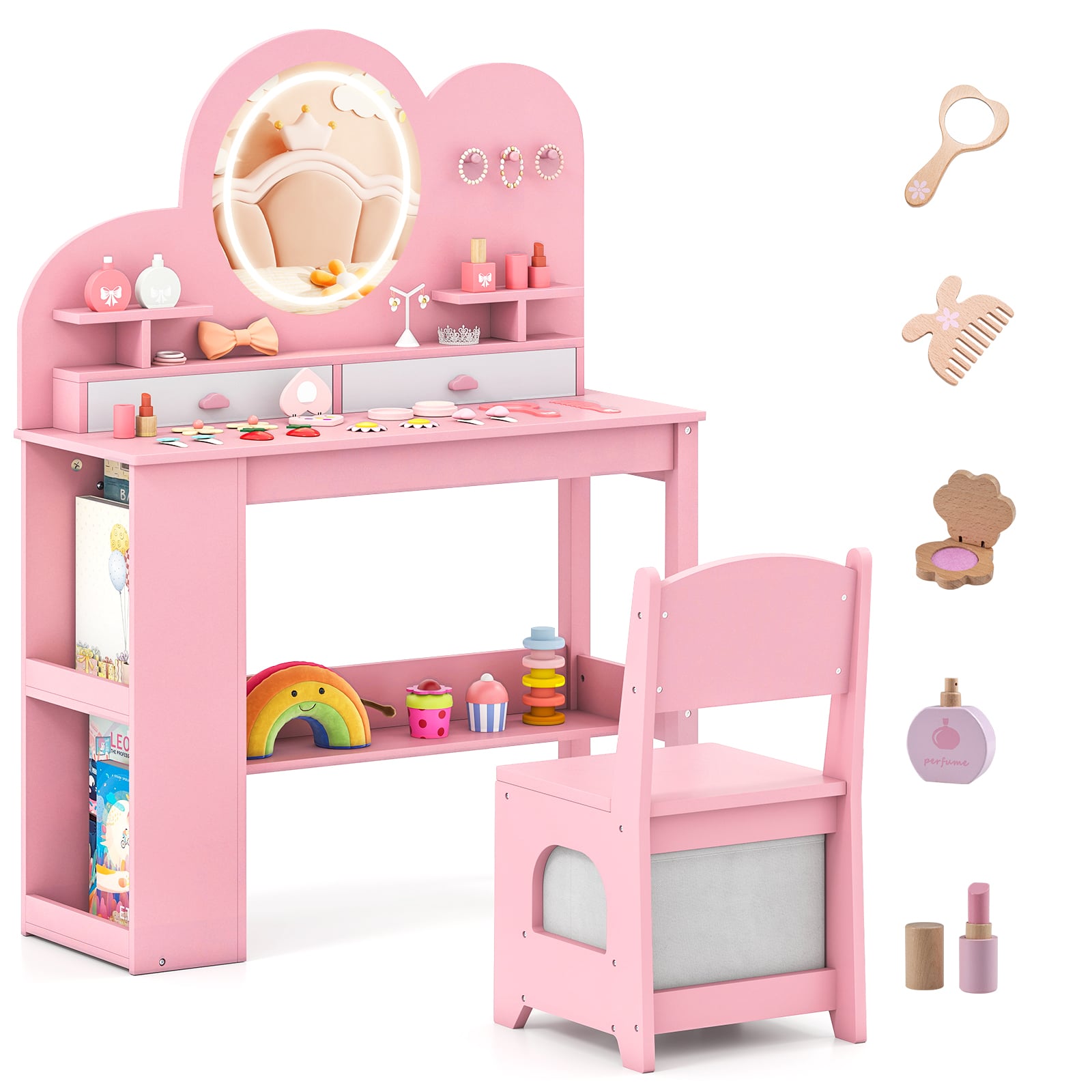 Kids Vanity with Lights Princess Vanity Table and Chair Set with 2 Drawers-Pink