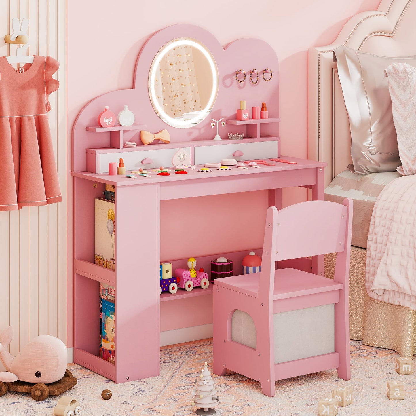 Kids Vanity with Lights Princess Vanity Table and Chair Set with 2 Drawers-Pink
