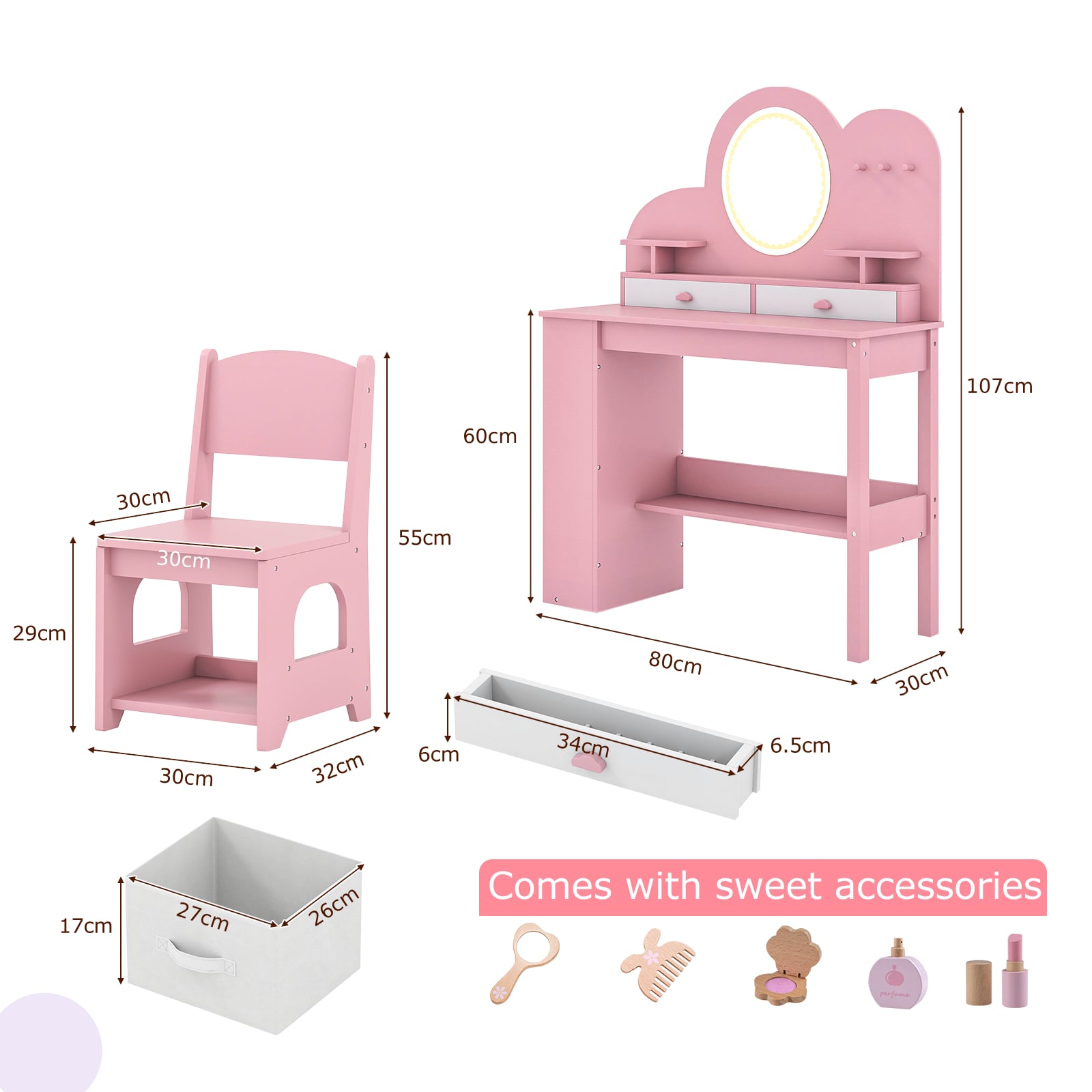 Kids Vanity with Lights Princess Vanity Table and Chair Set with 2 Drawers-Pink