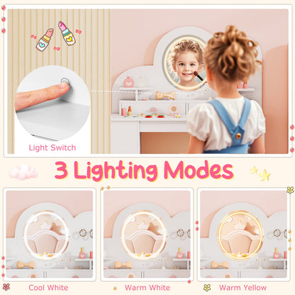 Kids Vanity with Lights Princess Vanity Table and Chair Set with 2 Drawers-White