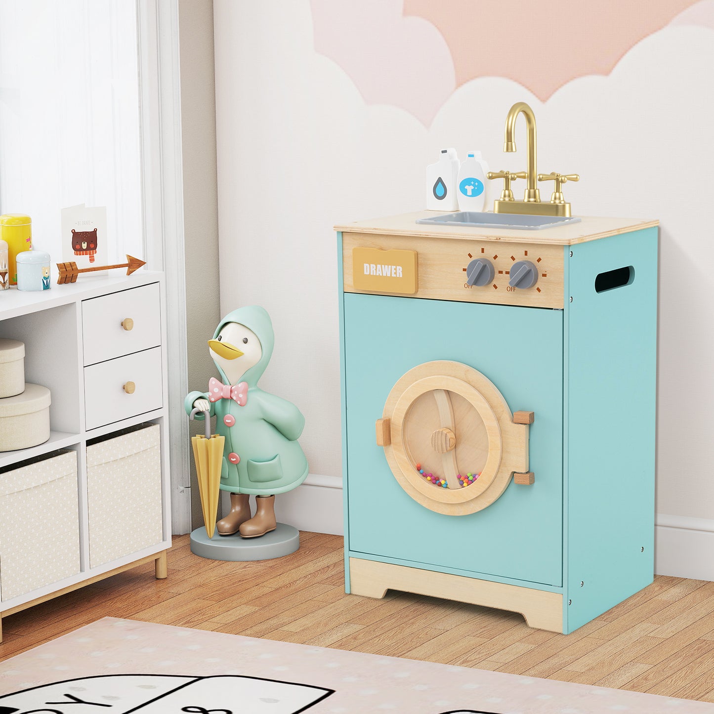 Kids Washer Playset Toy Washing Machine with Laundry Detergent-Blue