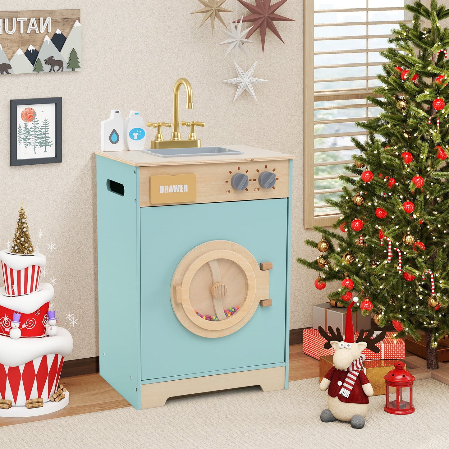 Kids Washer Playset Toy Washing Machine with Laundry Detergent-Blue