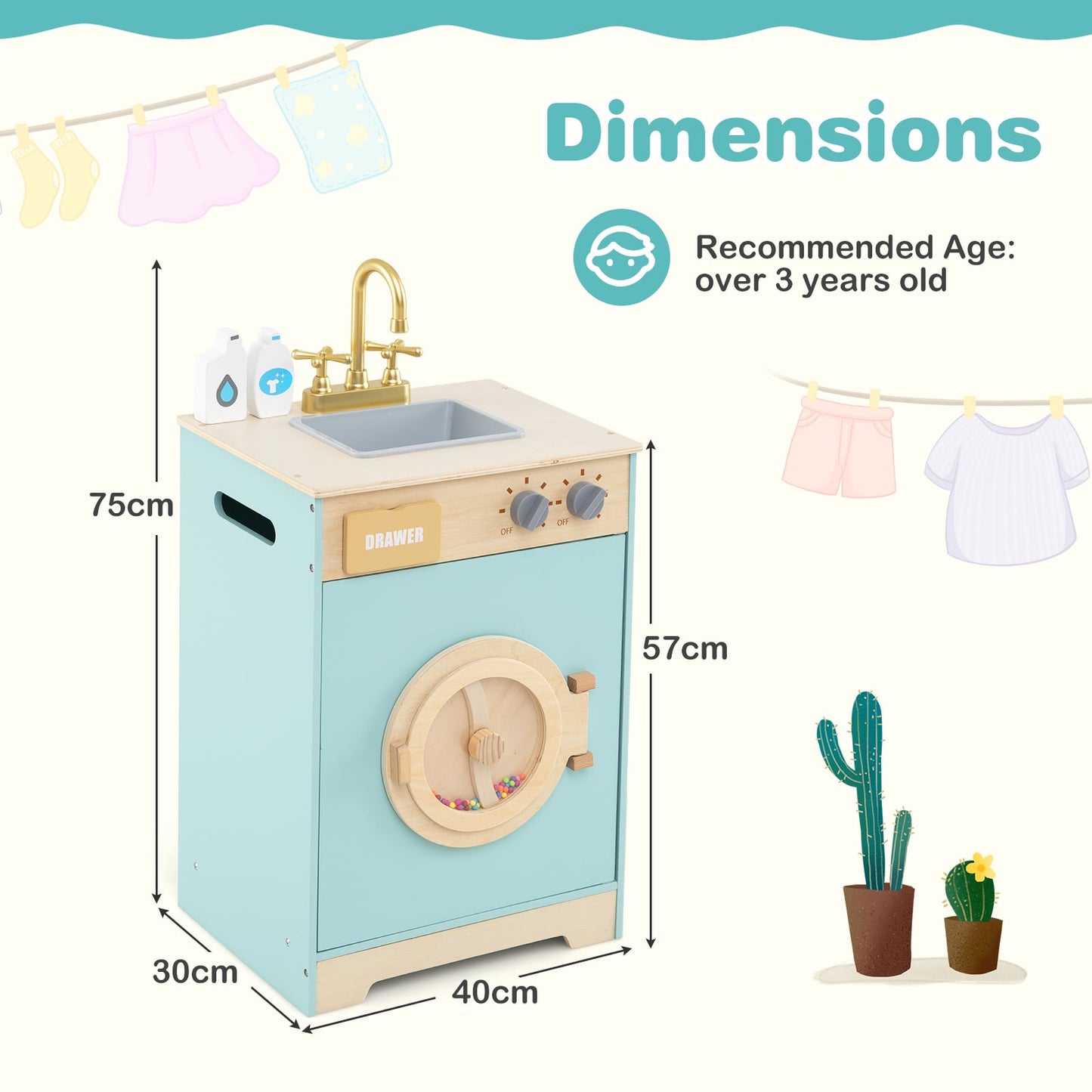 Kids Washer Playset Toy Washing Machine with Laundry Detergent-Blue