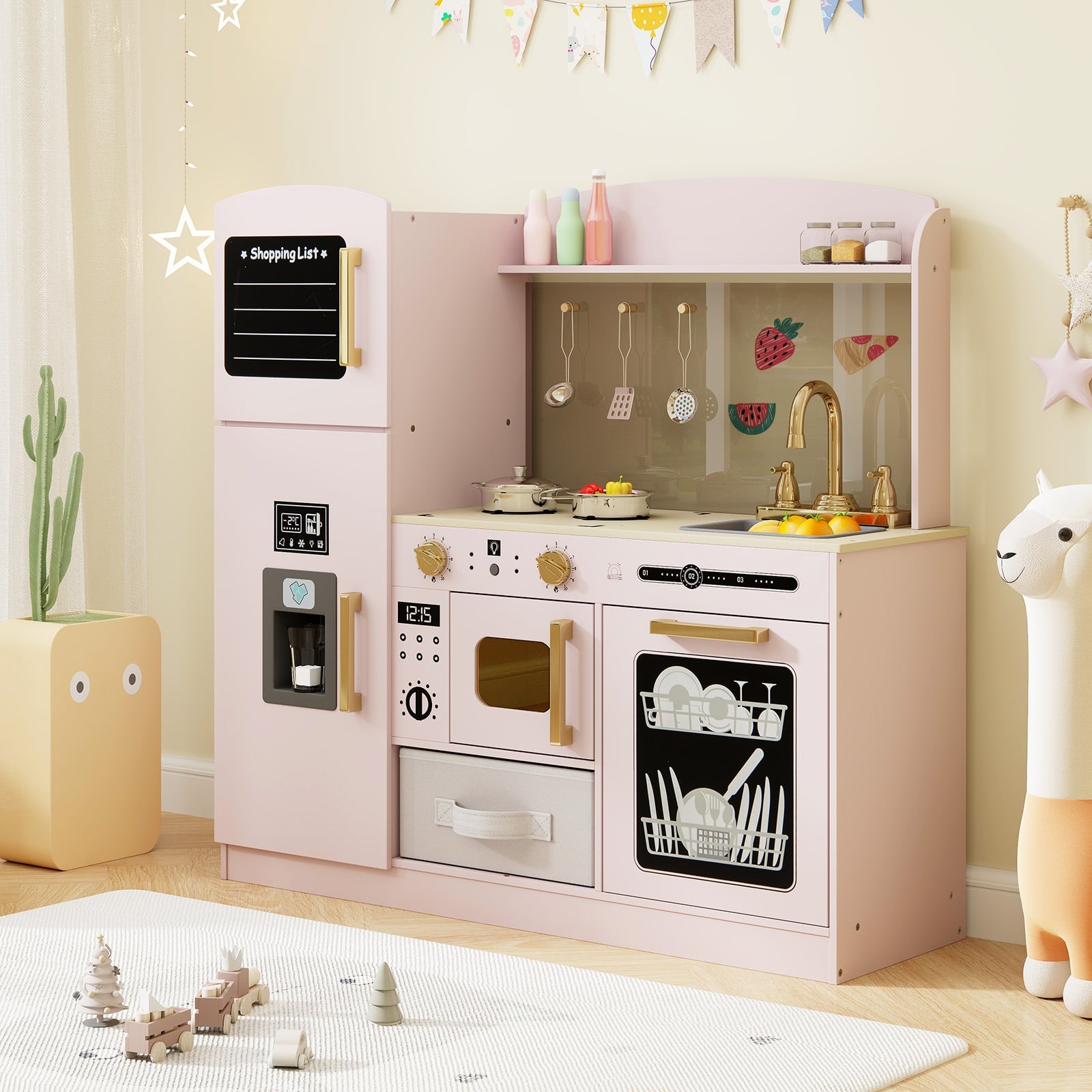 Kids Wooden Kitchen Playset Pretend Play with Chalkboard and Ice Maker-Pink