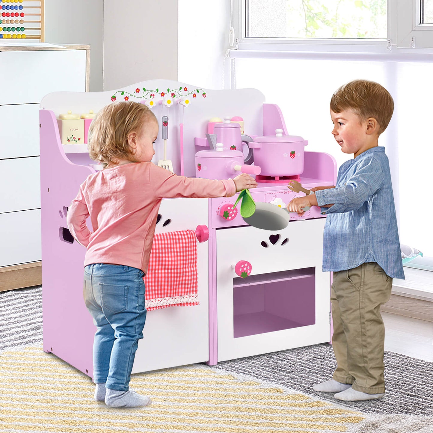 Kids Wooden Kitchen Playset with Oven and 13-Pieces Cookware