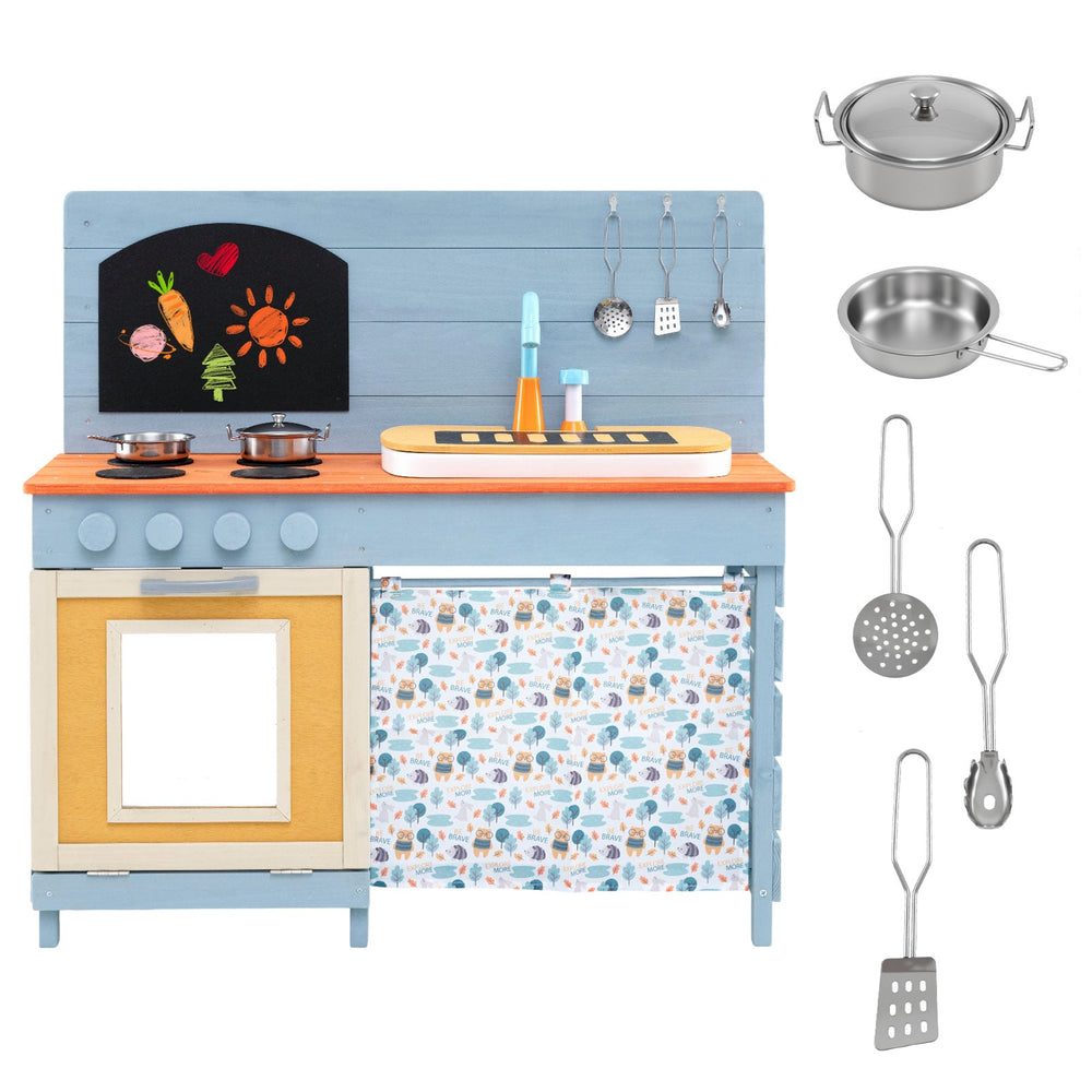 Kids Wooden Play Kitchen Set with Stoves Sink Faucet for Boys Girls Aged 3-8 -Blue