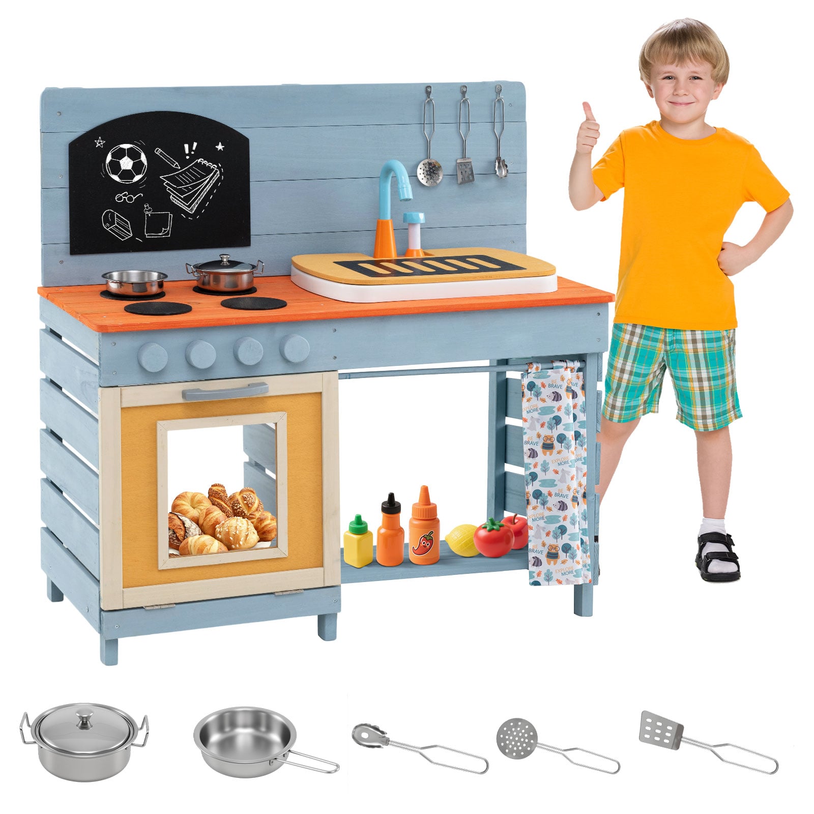 Kids Wooden Play Kitchen Set with Stoves Sink Faucet for Boys Girls Aged 3-8 -Blue