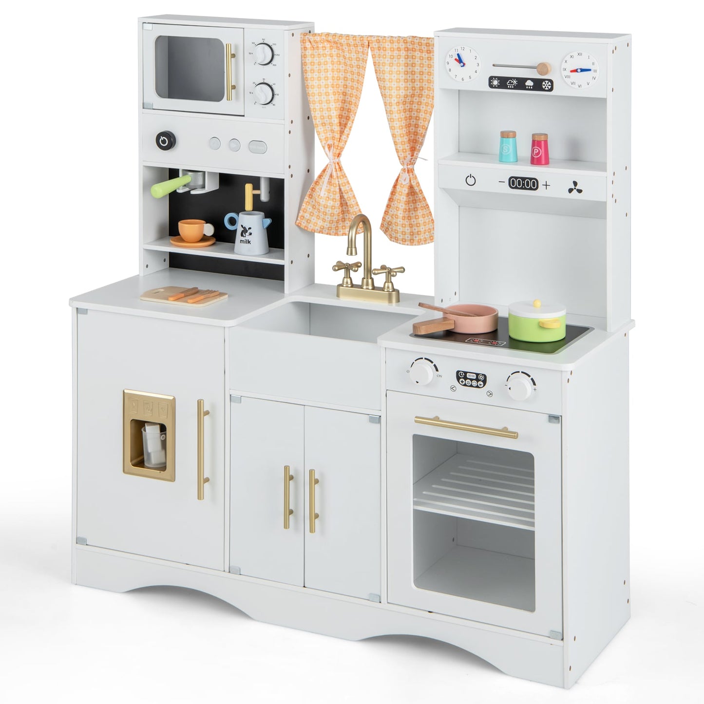 Kids Play Kitchen Wooden with Microwave and Ice Maker with Sounds-White