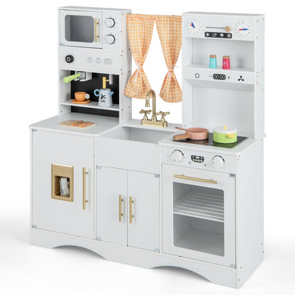 Kids Play Kitchen Wooden with Microwave and Ice Maker with Sounds-White