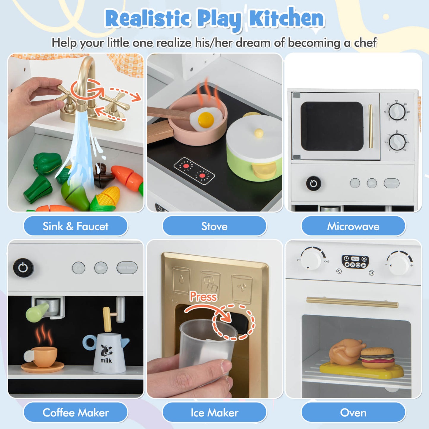 Kids Play Kitchen Wooden with Microwave and Ice Maker with Sounds-White