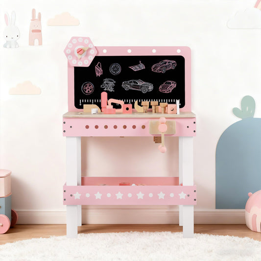 Kids Wooden Play Workbench with Blackboard and Tool Parts Set-Pink