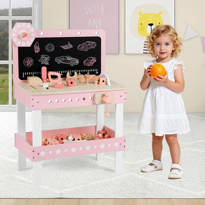 Kids Wooden Play Workbench with Blackboard and Tool Parts Set-Pink