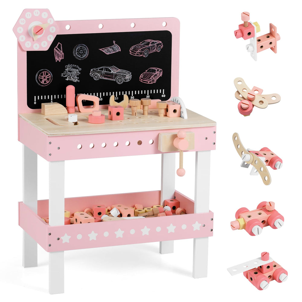 Kids Wooden Play Workbench with Blackboard and Tool Parts Set-Pink