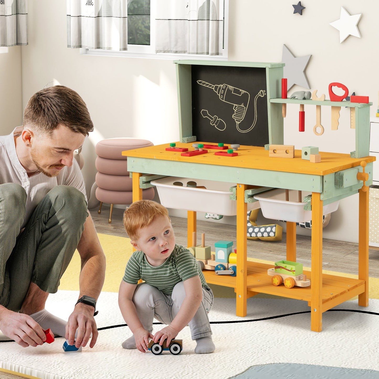Kids Wooden Toy Workbench with Blackboard for Ages 3-8 Years Old