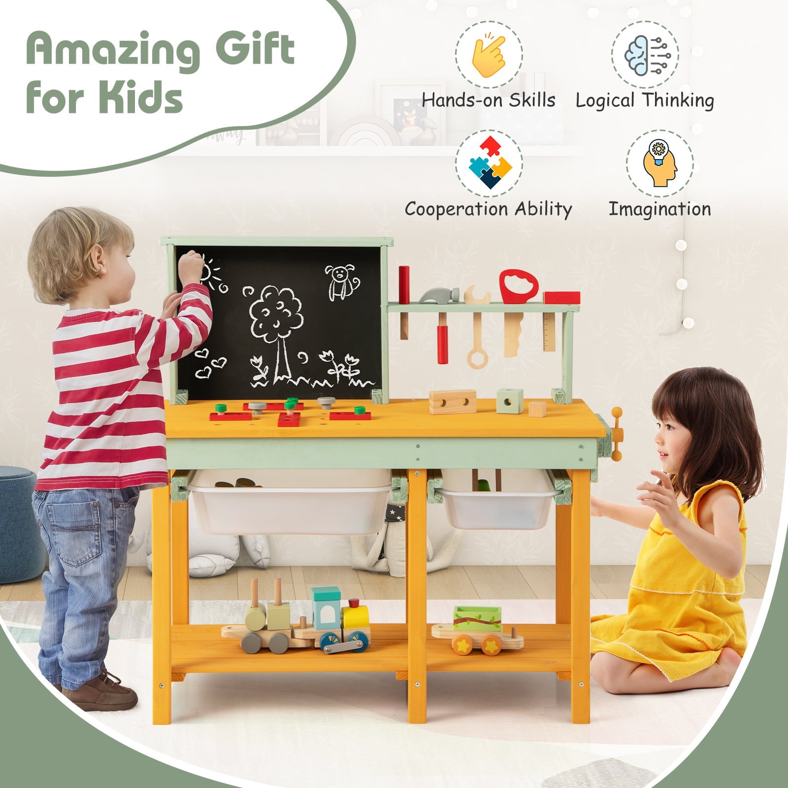 Kids Wooden Toy Workbench with Blackboard for Ages 3-8 Years Old