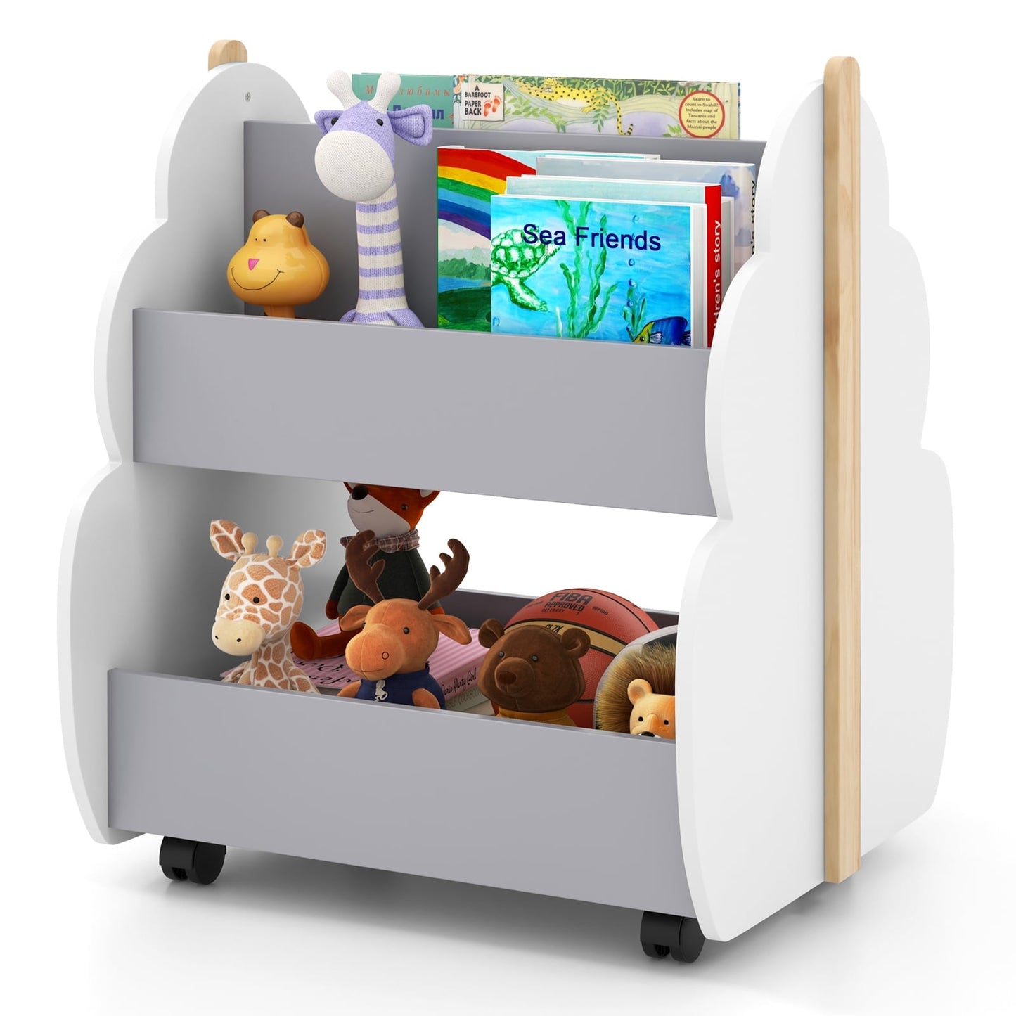 Kids Wooden Tree-Shape Bookshelf with Universal Wheels-Gray &amp; White