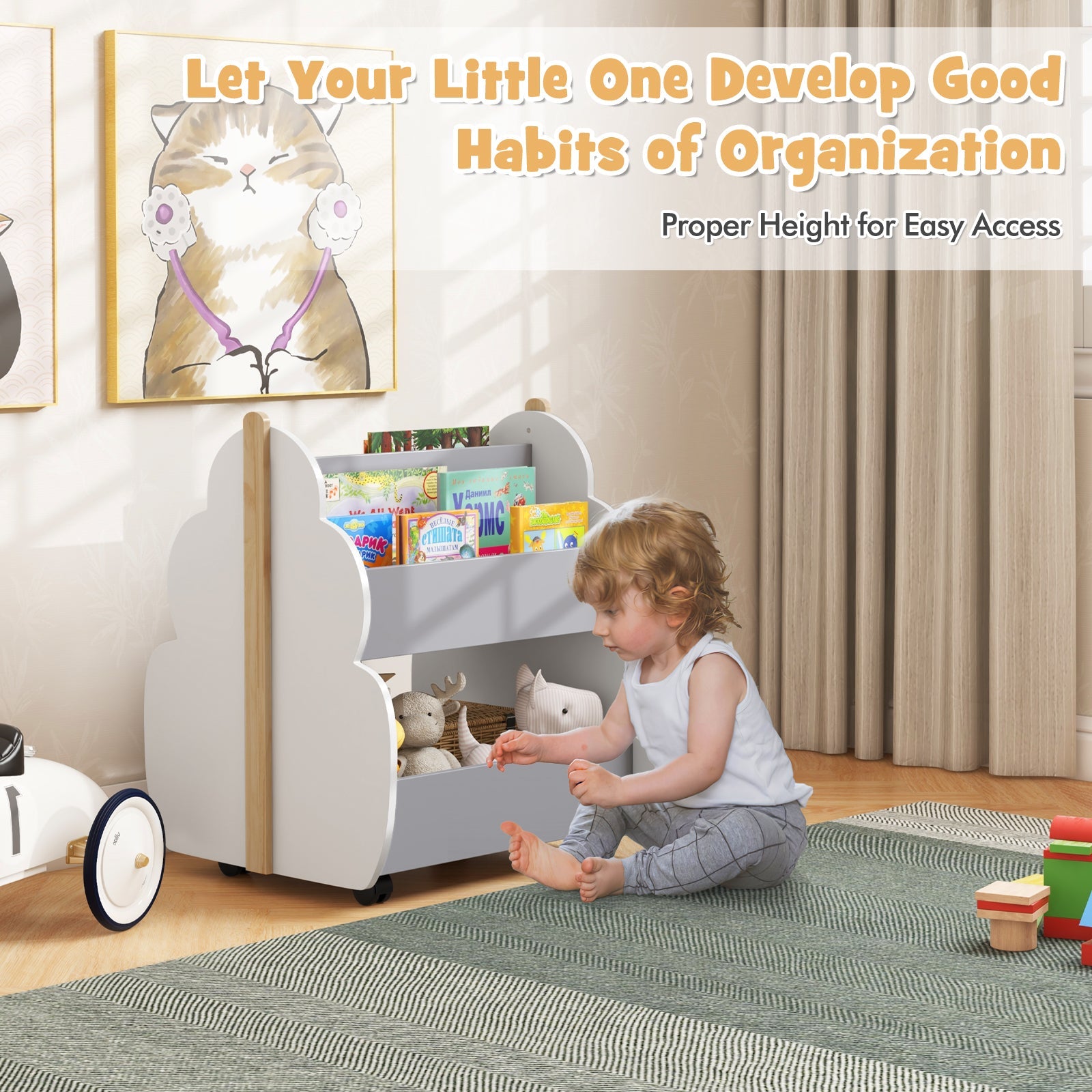 Kids Wooden Tree-Shape Bookshelf with Universal Wheels-Gray &amp; White