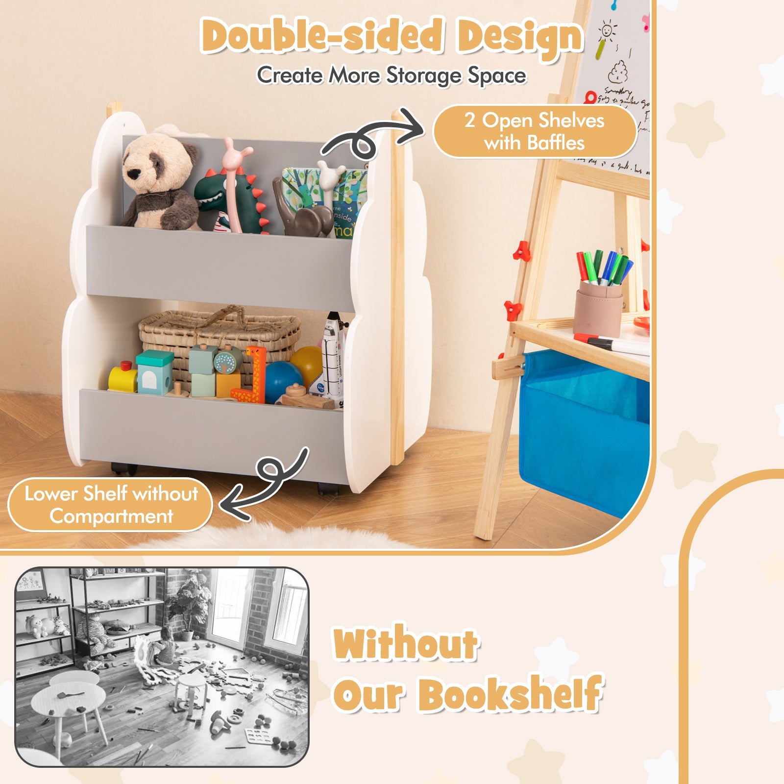 Kids Wooden Tree-Shape Bookshelf with Universal Wheels-Gray &amp; White