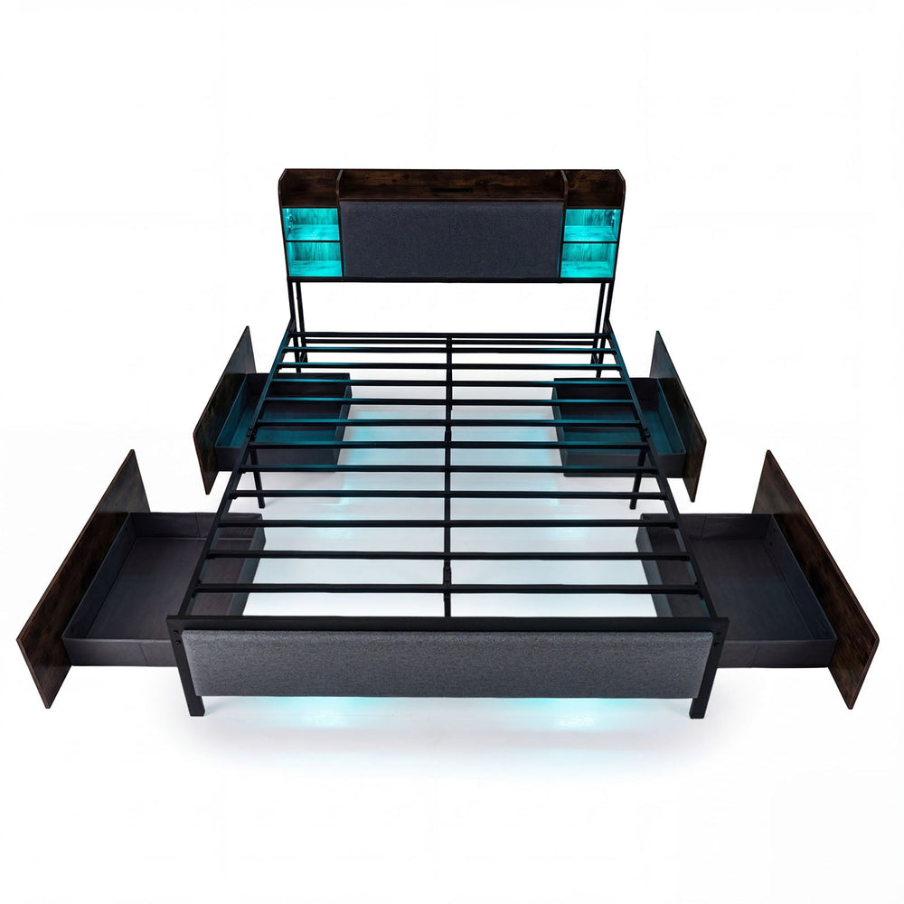 King Size Bed Frame with LED Lights and Charging Station Industrial Upholstered Platform Bed-Rustic Brown