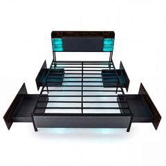 King Size Bed Frame with LED Lights and Charging Station Industrial Upholstered Platform Bed-Rustic Brown