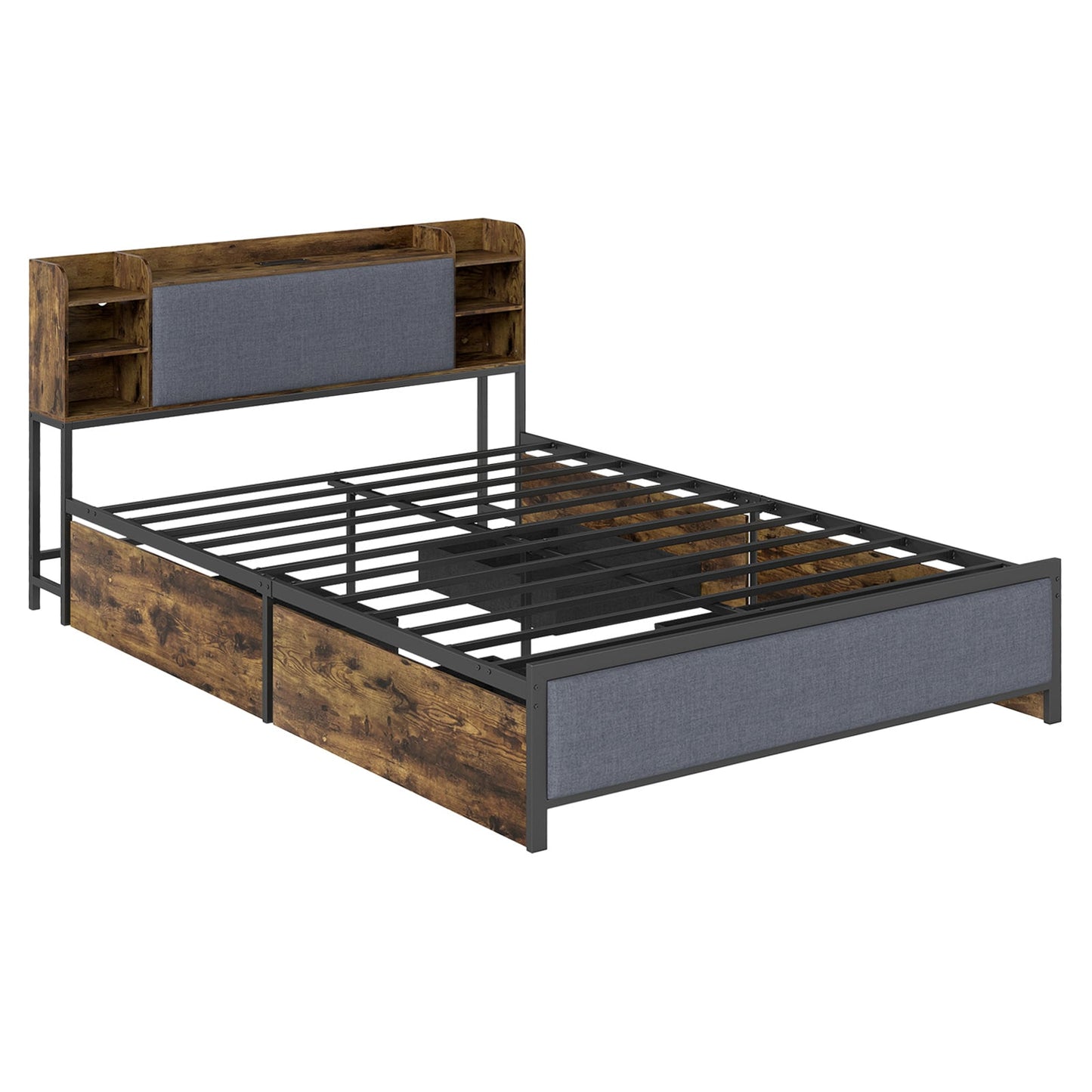 King Size Bed Frame with LED Lights and Charging Station Industrial Upholstered Platform Bed-Rustic Brown