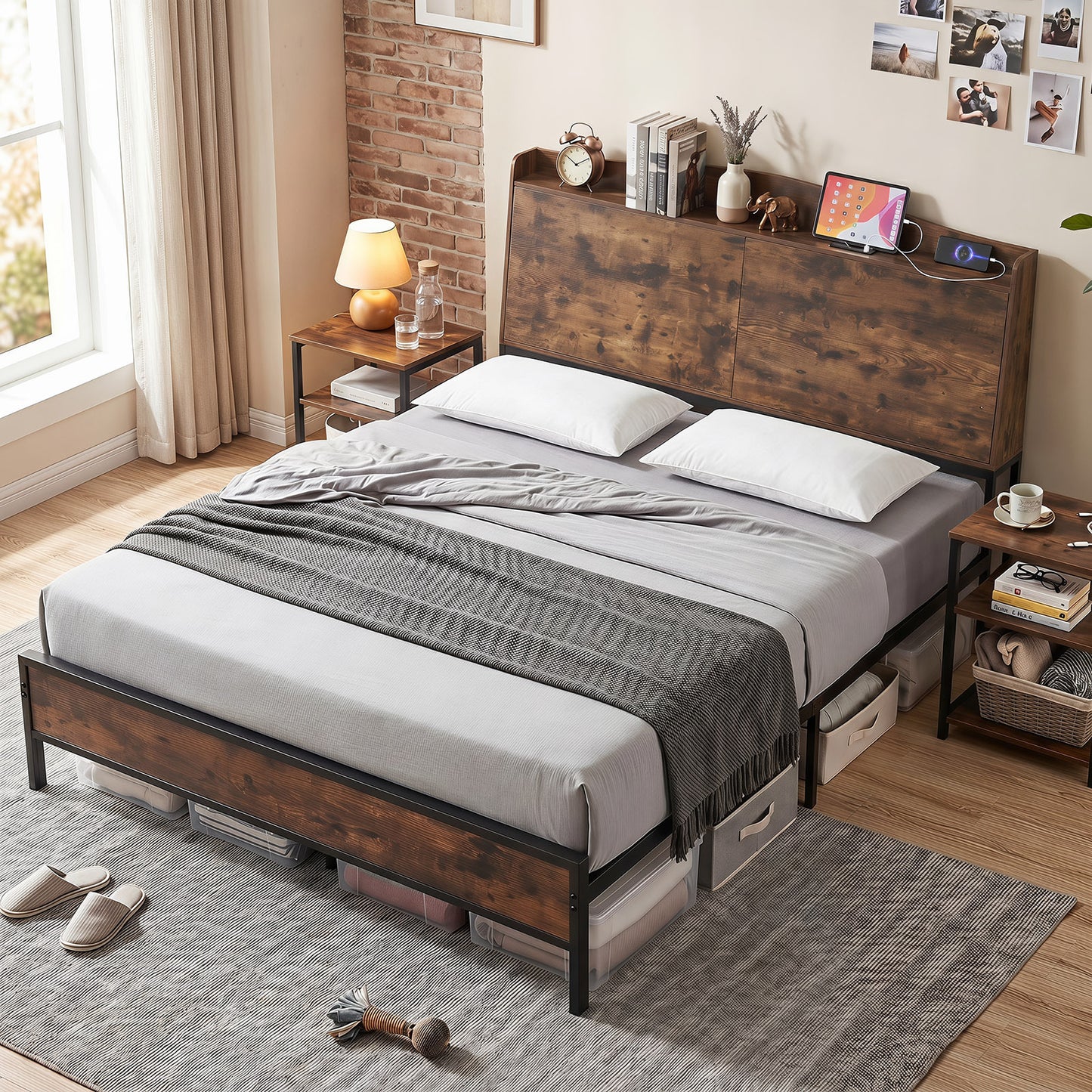 King Size Industrial Metal Platform Bed Frame with Charging Station and Storage Headboard-King Size