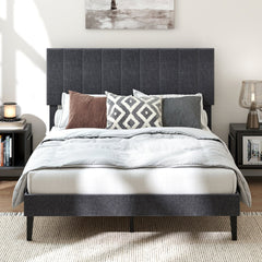 King/Double Size Linen Fabric Bed Frame with Height Adjustable Headboard-Grey-Double Size