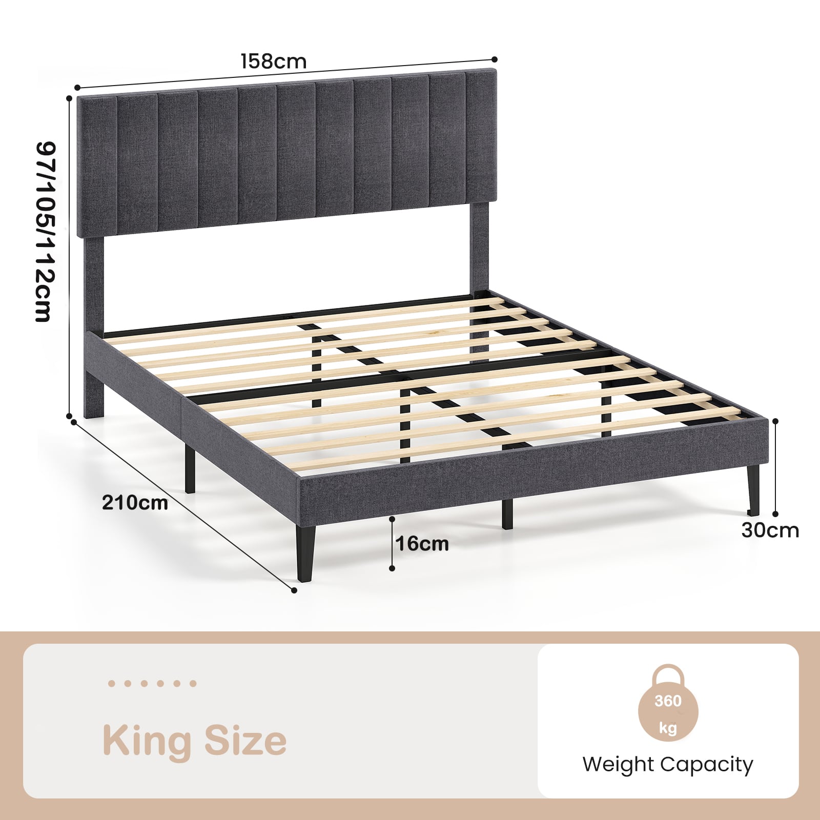 King/Double Size Linen Fabric Bed Frame with Height Adjustable Headboard-Grey-King Size