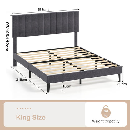 King/Double Size Linen Fabric Bed Frame with Height Adjustable Headboard-Grey-King Size