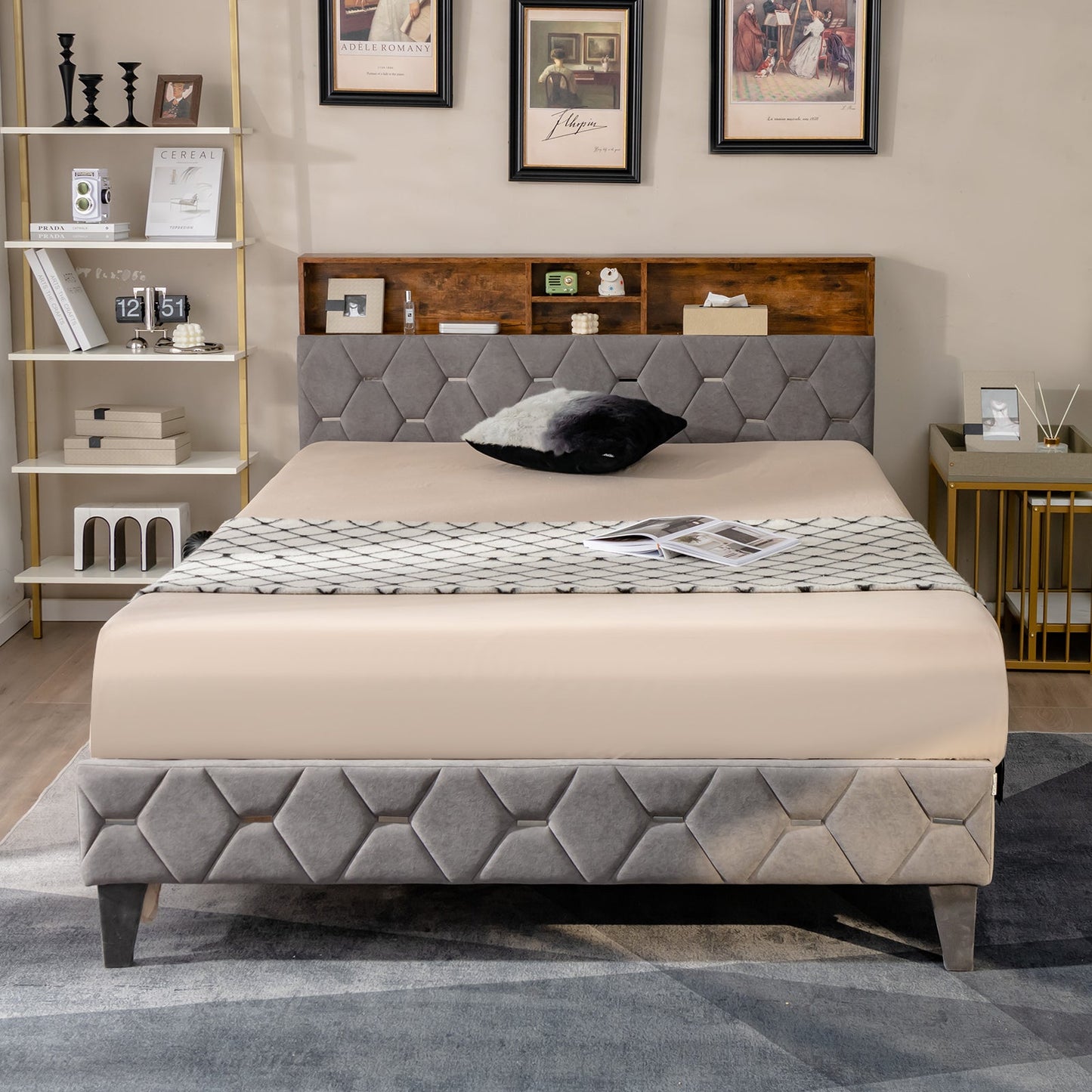 Single/Double Bed Frame with Storage Headboard and Slat Support-King Size