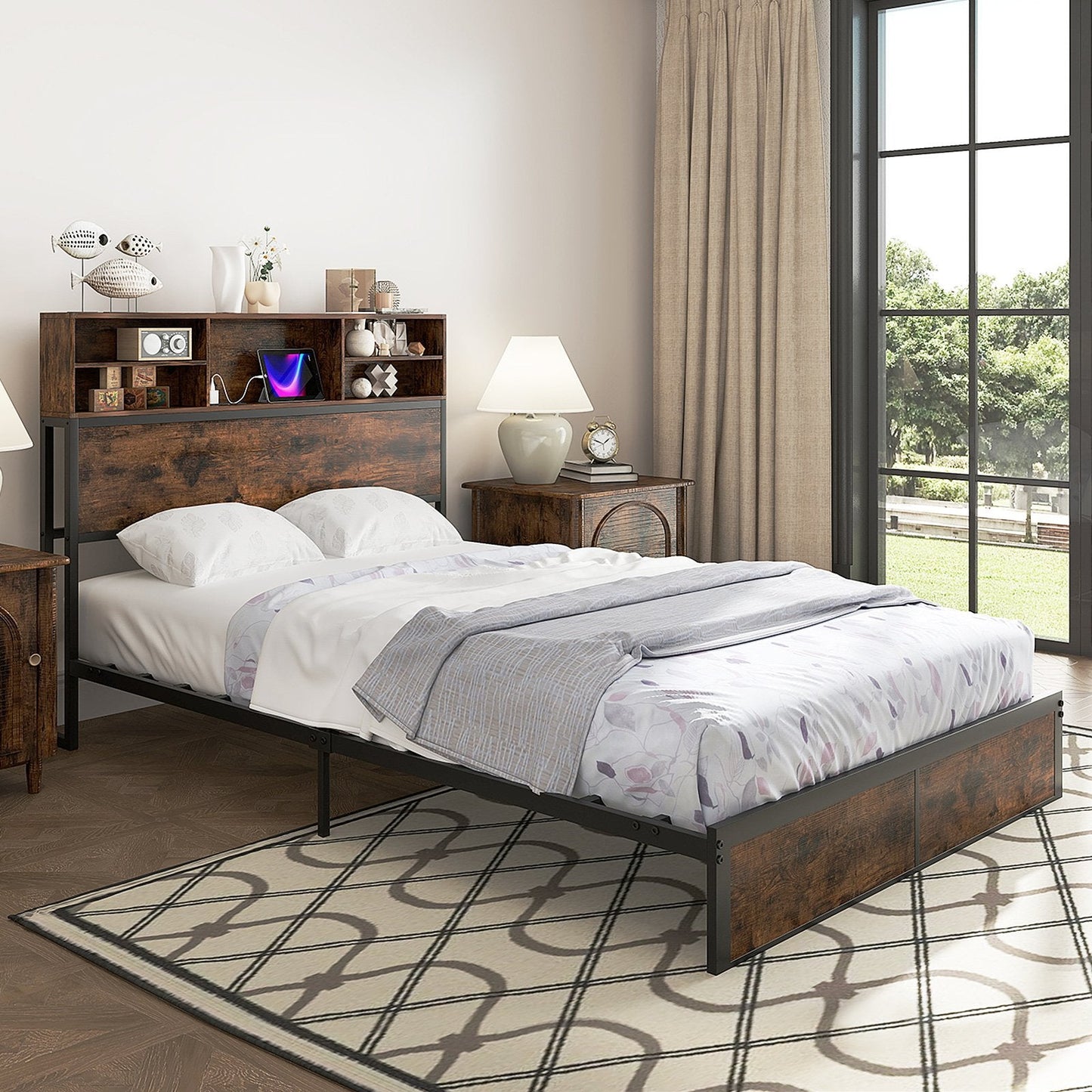 King Size Bed Frame with Charging Station and Storage Headboard-Double Size