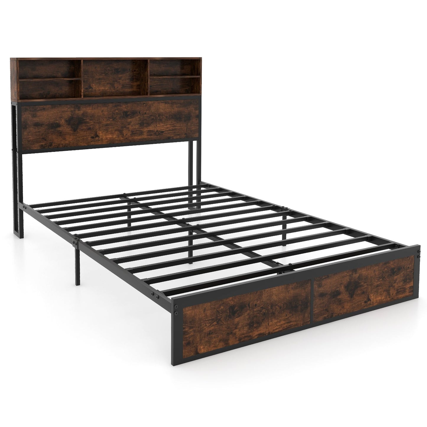 King Size Bed Frame with Charging Station and Storage Headboard-Double Size