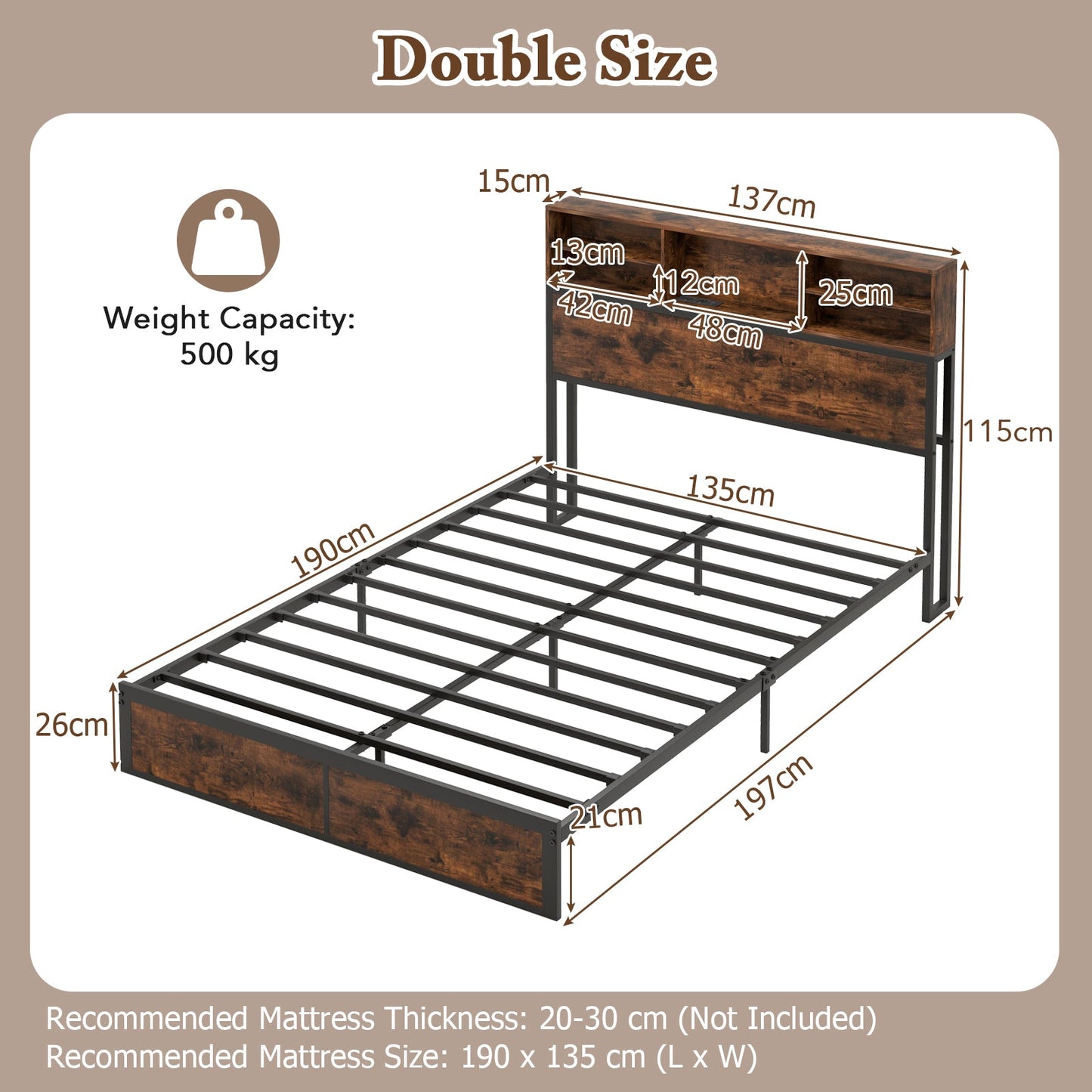 King Size Bed Frame with Charging Station and Storage Headboard-Double Size