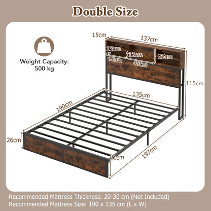 King Size Bed Frame with Charging Station and Storage Headboard-Double Size