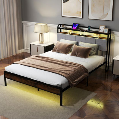 King Size Bed Frame with LED Light and Charging Station-King Size