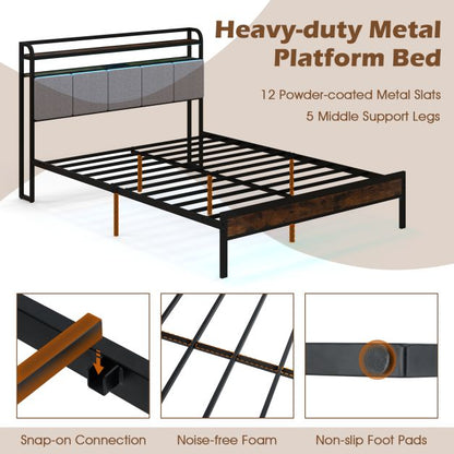 King Size Bed Frame with LED Light and Charging Station-King Size