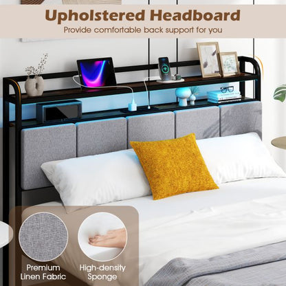 King Size Bed Frame with LED Light and Charging Station-King Size