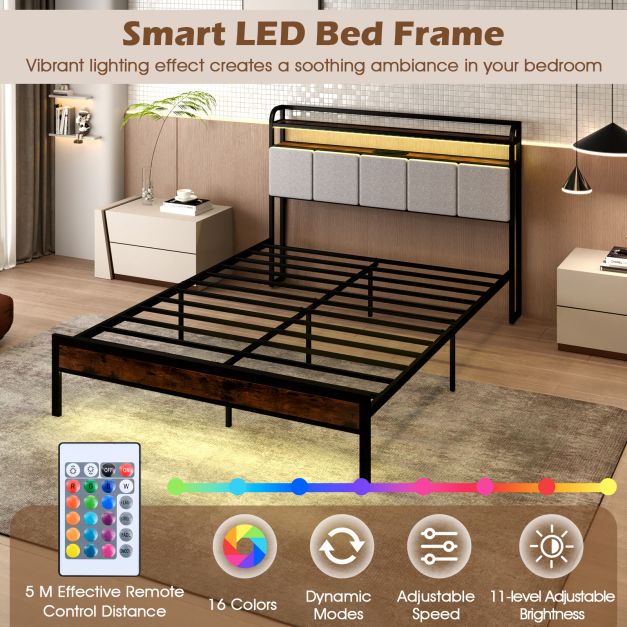 King Size Bed Frame with LED Light and Charging Station-King Size