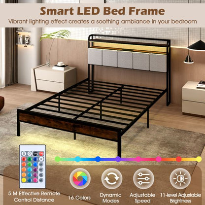 King Size Bed Frame with LED Light and Charging Station-King Size