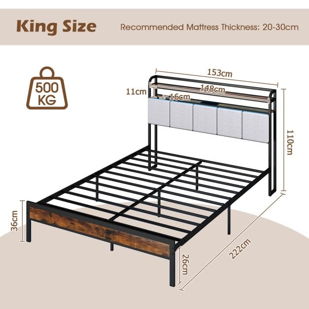 King Size Bed Frame with LED Light and Charging Station-King Size