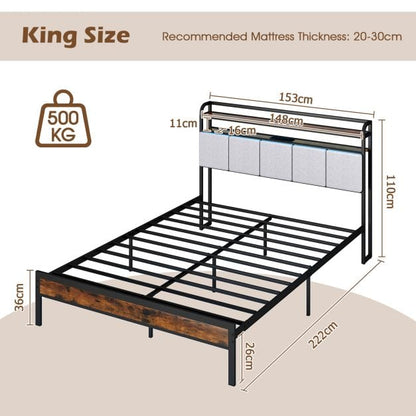 King Size Bed Frame with LED Light and Charging Station-King Size