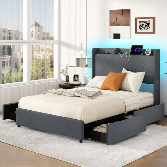 Double/King Size Bed Frame with LED Lights and Charging Station-Double Size