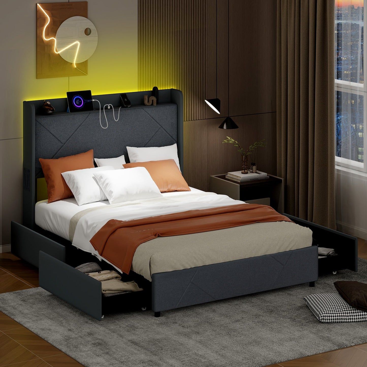 Double/King Size Bed Frame with LED Lights and Charging Station-Double Size