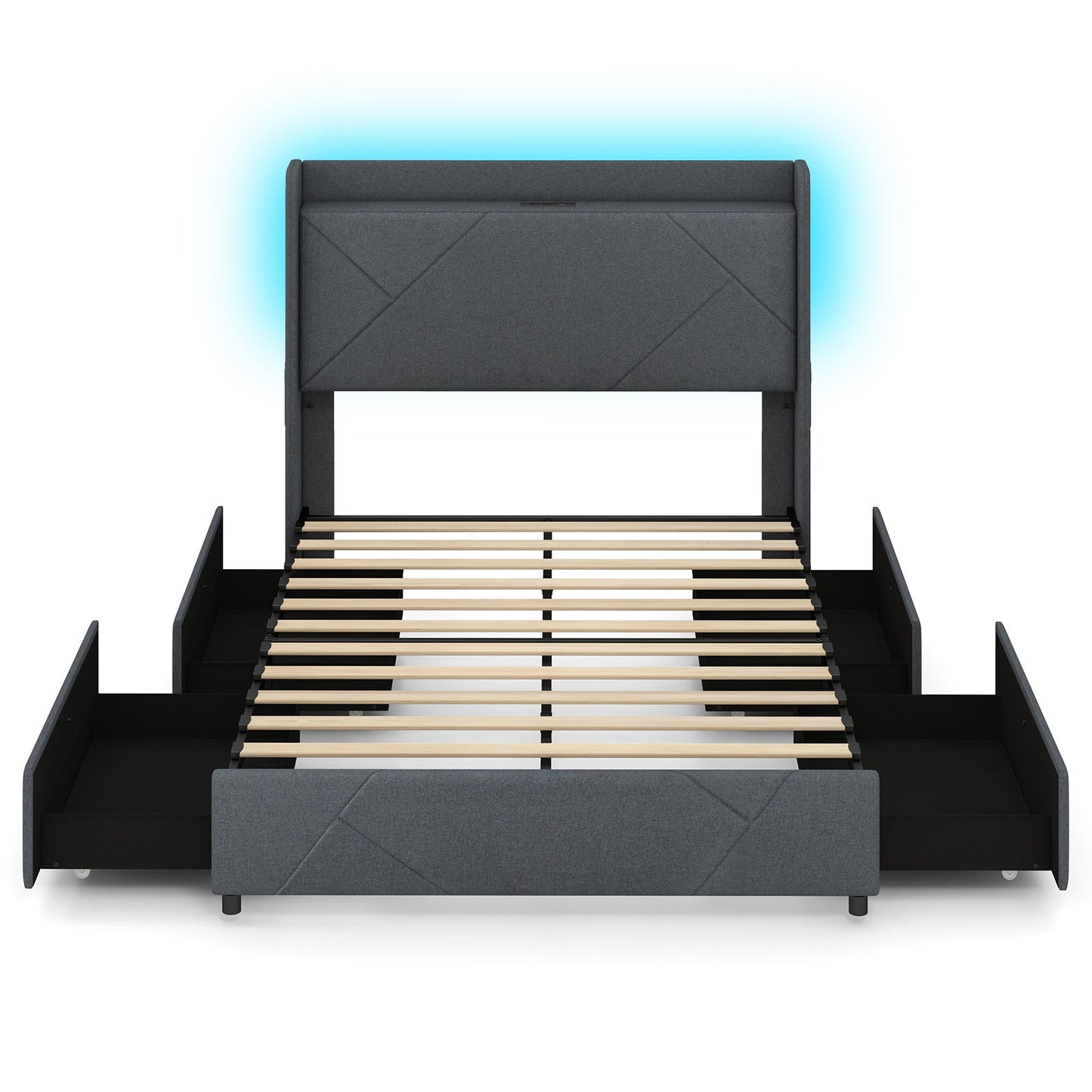 Double/King Size Bed Frame with LED Lights and Charging Station-Double Size
