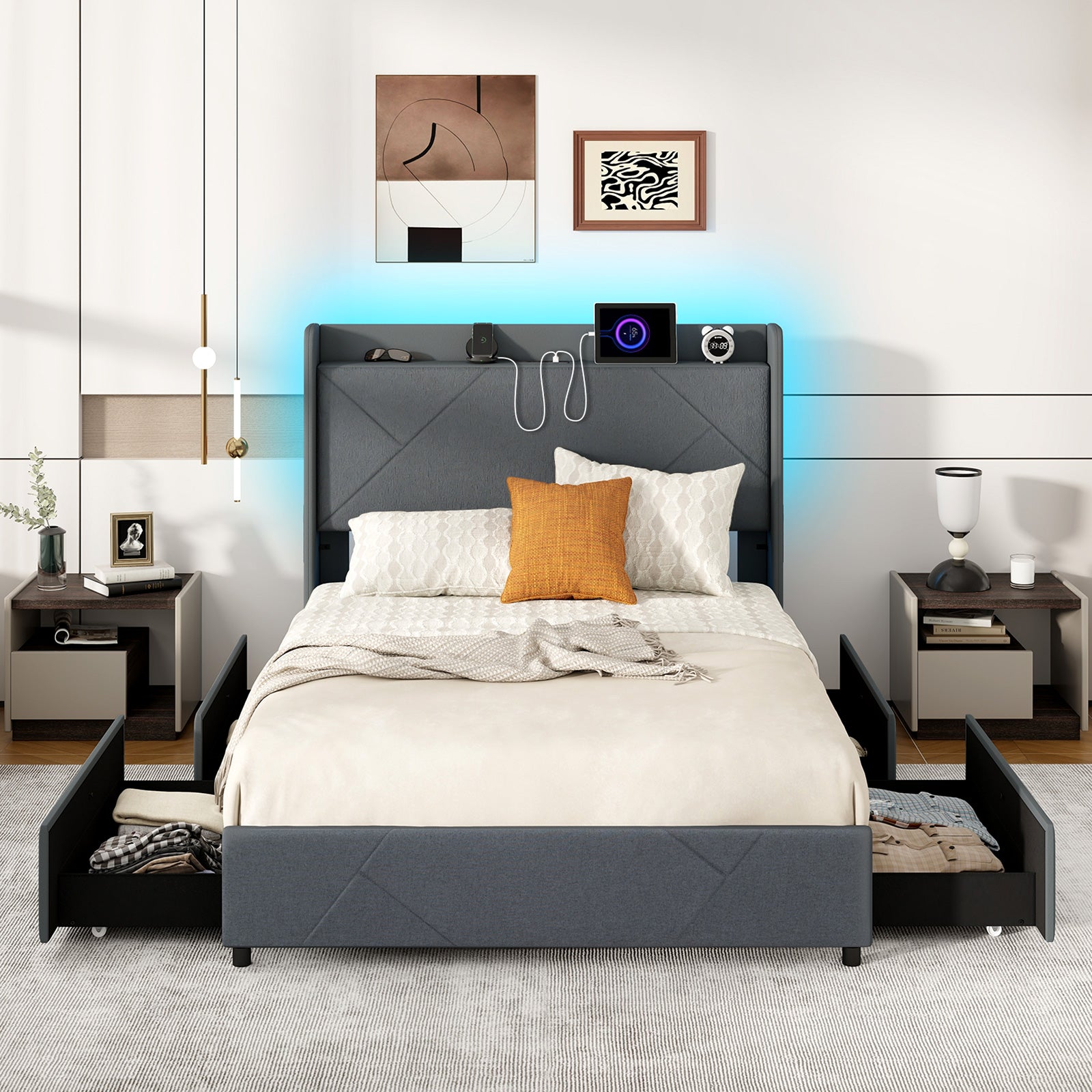 Double/King Size Bed Frame with LED Lights and Charging Station-Double Size